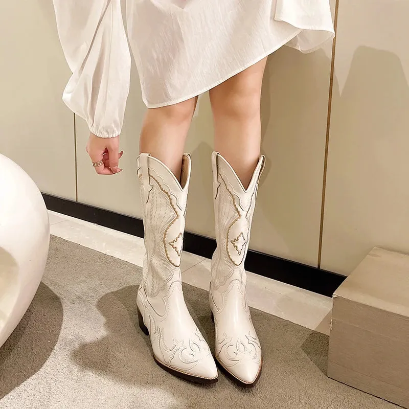 Sohiwoo Women's Embroidered Western Mid Calf Boots Cowboy Square Heels Boots Pointed Toe Platform Boots Women Western Shoes Plus Size42