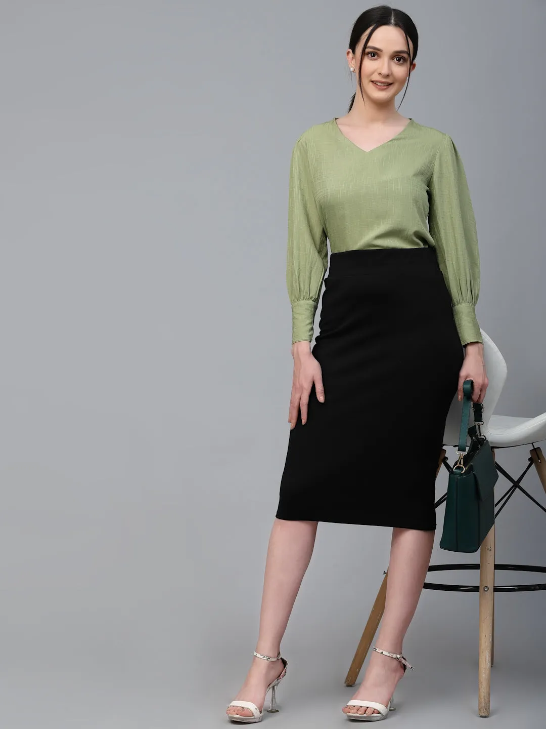 Style Quotient Women SAGE GREEN Solid Polyester Regular Smart Casual Top