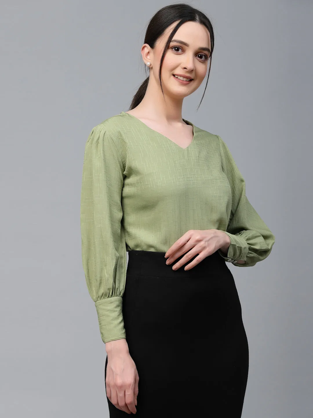 Style Quotient Women SAGE GREEN Solid Polyester Regular Smart Casual Top