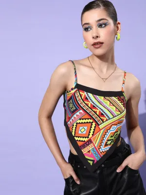 Style Quotient Yellow  Green Geometric Print Crepe Scarf Crop Top