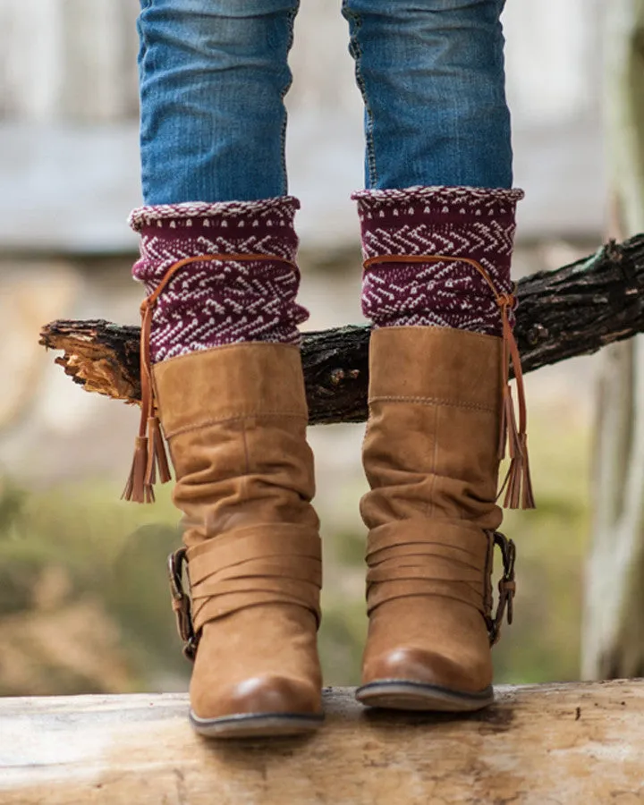 Tahoe Tassel Boho Boot Socks Beige / Burgundy Slouch Top Over The Knee Thick Waffle Knit Camel Vegan Leather Tassles