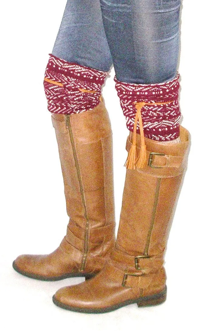 Tahoe Tassel Boho Boot Socks Beige / Burgundy Slouch Top Over The Knee Thick Waffle Knit Camel Vegan Leather Tassles