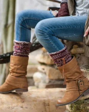 Tahoe Tassel Boho Boot Socks Beige / Burgundy Slouch Top Over The Knee Thick Waffle Knit Camel Vegan Leather Tassles