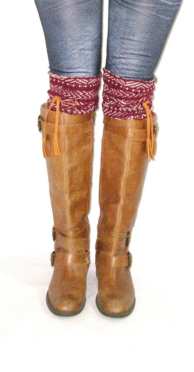 Tahoe Tassel Boho Boot Socks Beige / Burgundy Slouch Top Over The Knee Thick Waffle Knit Camel Vegan Leather Tassles