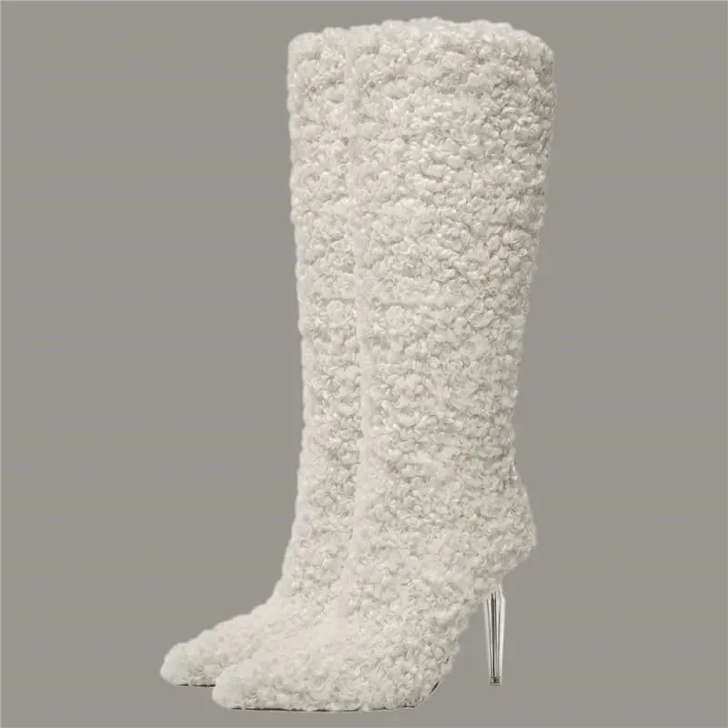 Tall White Furry Knee High Pointed Toe Boots with Crystal Transparent Heel