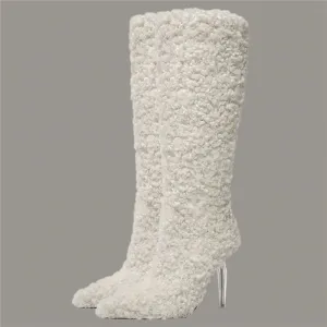 Tall White Furry Knee High Pointed Toe Boots with Crystal Transparent Heel